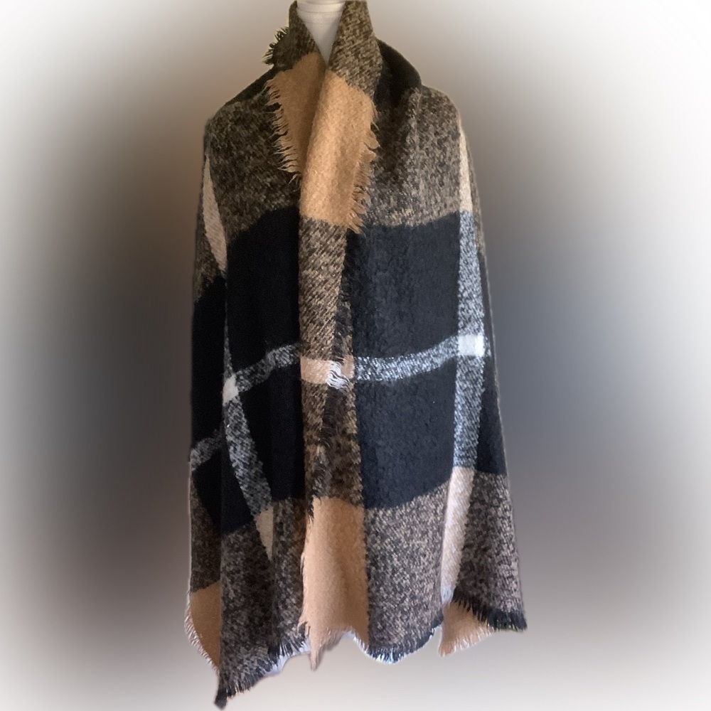 Tan/Black/White Color Block/Plaid Wrap/Shawl - Picture 2 of 15